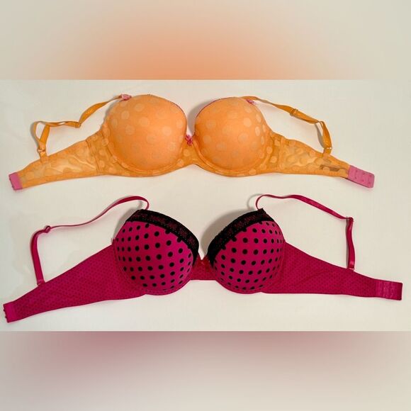 Betsy Johnson Orange/Pink & Unnamed Polka Dot Pink/Black Padded Pushup Bras 36D - Picture 1 of 16